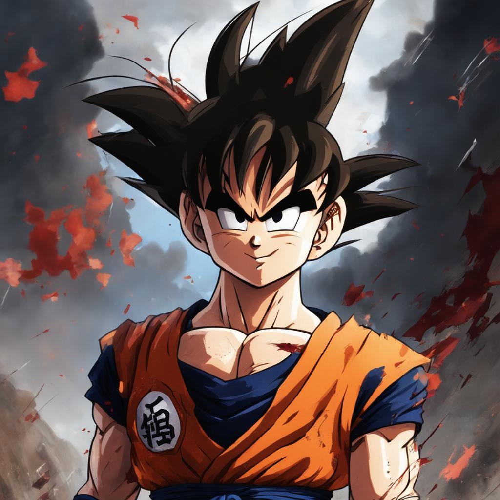 A high-definition digital art image depicting a photo-realistic young Saiyan Goku, blood-stained and battle-worn