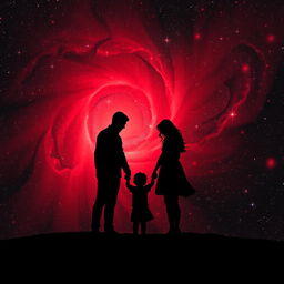 A breathtaking black and red galaxy backdrop filled with swirling galaxies and twinkling stars, featuring a male and female silhouette joining hands with a child between them, symbolizing family unity