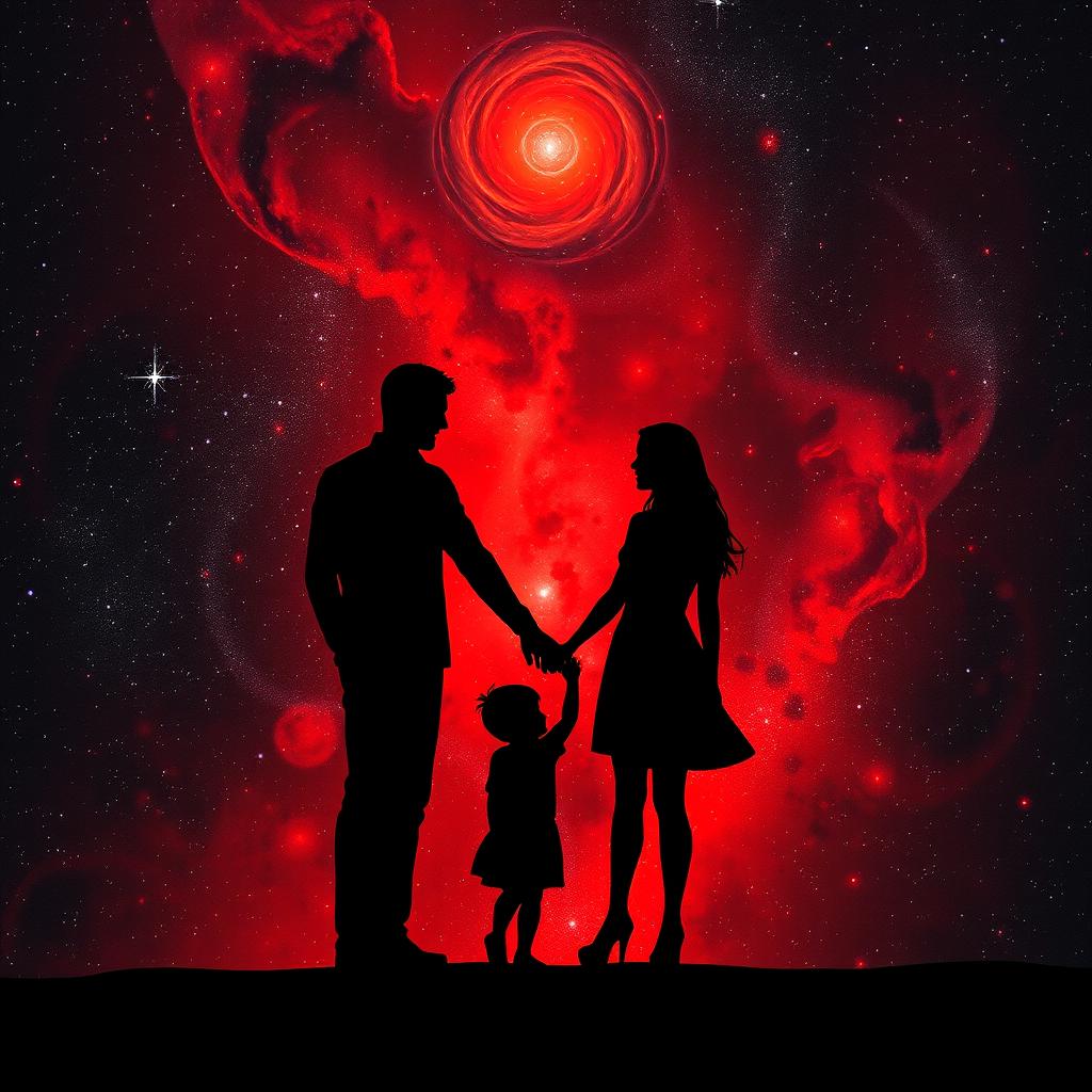 A breathtaking black and red galaxy backdrop filled with swirling galaxies and twinkling stars, featuring a male and female silhouette joining hands with a child between them, symbolizing family unity