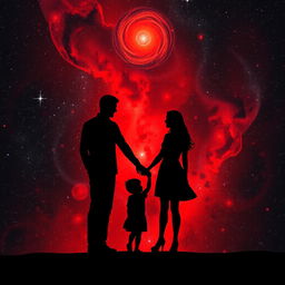 A breathtaking black and red galaxy backdrop filled with swirling galaxies and twinkling stars, featuring a male and female silhouette joining hands with a child between them, symbolizing family unity