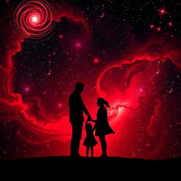 A breathtaking black and red galaxy backdrop filled with swirling galaxies and twinkling stars, featuring a male and female silhouette joining hands with a child between them, symbolizing family unity