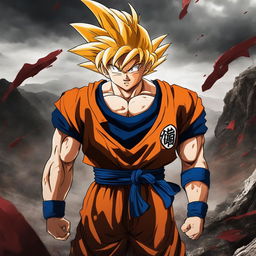 A high-definition digital art image depicting a photo-realistic young Saiyan Goku, blood-stained and battle-worn