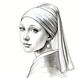 A transformation of the painting 'Girl with a Pearl Earring' depicted in the sketch style resembling Leonardo da Vinci's studies of the head of Katrina in 'Leda and the Swan'