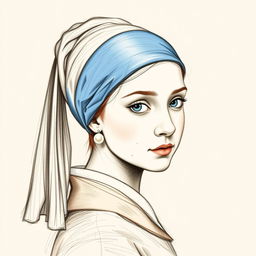 A transformation of the painting 'Girl with a Pearl Earring' depicted in the sketch style resembling Leonardo da Vinci's studies of the head of Katrina in 'Leda and the Swan'