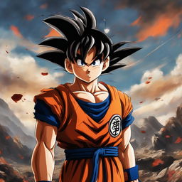 A high-definition digital art image depicting a photo-realistic young Saiyan Goku, blood-stained and battle-worn