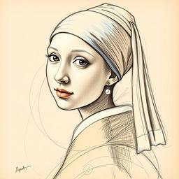 A transformation of the painting 'Girl with a Pearl Earring' depicted in the sketch style resembling Leonardo da Vinci's studies of the head of Katrina in 'Leda and the Swan'