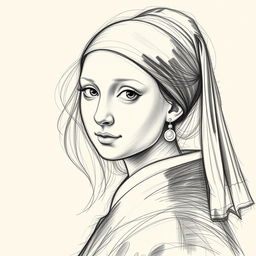 A transformation of the painting 'Girl with a Pearl Earring' depicted in the sketch style resembling Leonardo da Vinci's studies of the head of Katrina in 'Leda and the Swan'