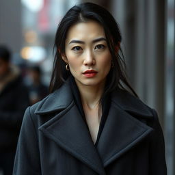 A sensual-looking 45-year-old woman with pale skin and black hair, featuring a natural face without makeup, embodying Japanese appearance