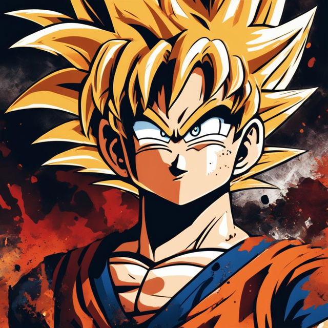 A high-definition digital art image depicting a photo-realistic young Saiyan Goku, blood-stained and battle-worn