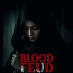 A movie poster for 'Blood Feud' featuring a woman in a traditional black outfit and headscarf, maintaining her expression