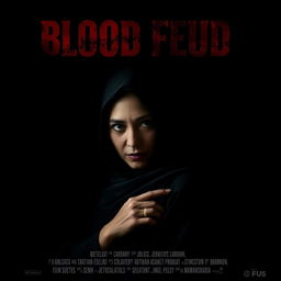 A movie poster for 'Blood Feud' featuring a woman in a traditional black outfit and headscarf, maintaining her expression