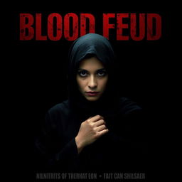 A movie poster for 'Blood Feud' featuring a woman in a traditional black outfit and headscarf, maintaining her expression