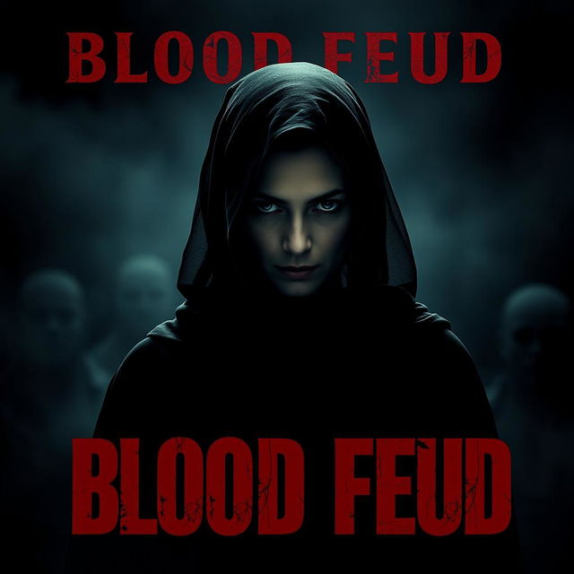 A movie poster for 'Blood Feud' featuring a woman in a traditional black outfit and headscarf, maintaining her expression