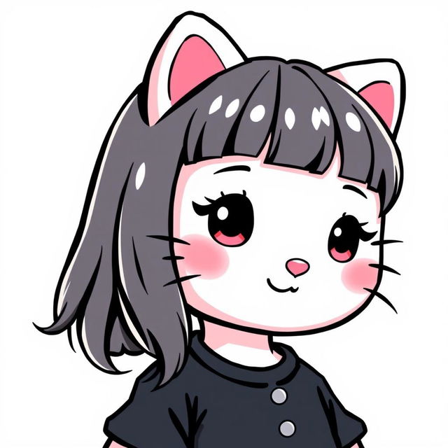 A cute and stylish illustration of Hello Kitty, featuring her with charming bangs and a fashionable black shirt