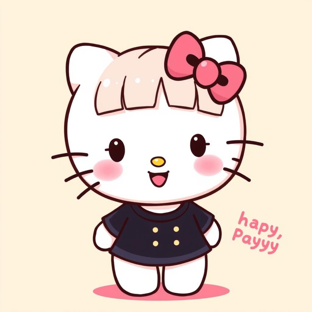 A charming illustration of Hello Kitty featuring her with adorable bangs and wearing a stylish black shirt