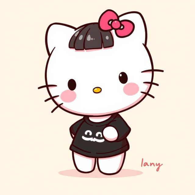 A charming illustration of Hello Kitty featuring her with adorable bangs and wearing a stylish black shirt