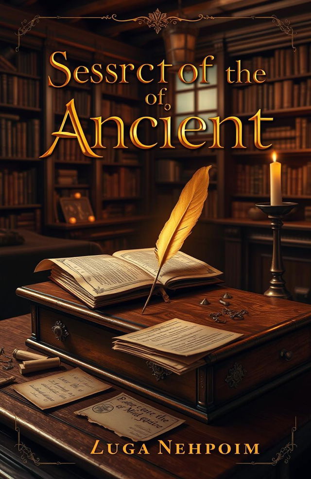 A captivating book cover design featuring an antique wooden desk scattered with ancient scrolls and a glowing quill pen