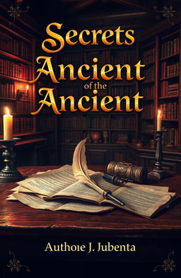 A captivating book cover design featuring an antique wooden desk scattered with ancient scrolls and a glowing quill pen