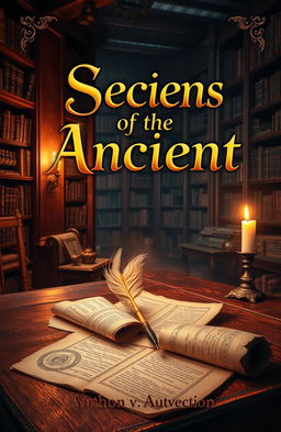 A captivating book cover design featuring an antique wooden desk scattered with ancient scrolls and a glowing quill pen