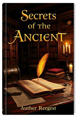 A captivating book cover design featuring an antique wooden desk scattered with ancient scrolls and a glowing quill pen