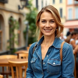 A full-length photograph of a woman aged between 30 to 45 years with a natural appearance, featuring minimal makeup and well-groomed hair