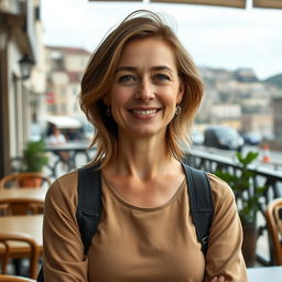 A full-length photograph of a woman aged between 30 to 45 years with a natural appearance, featuring minimal makeup and well-groomed hair