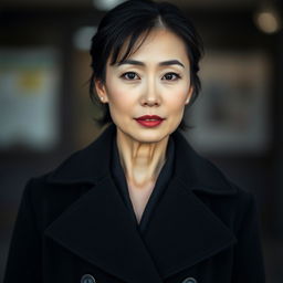 A 45-year-old woman with a sultry gaze, pale skin, and black hair, showcasing an ordinary face without makeup, embodying Japanese appearance