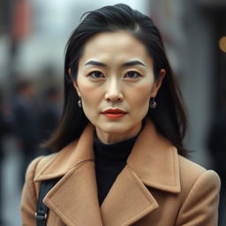 A 45-year-old woman with a sultry gaze, pale skin, and black hair, showcasing an ordinary face without makeup, embodying Japanese appearance