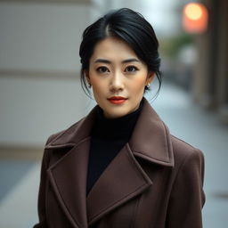 A 45-year-old woman with a sultry gaze, pale skin, and black hair, showcasing an ordinary face without makeup, embodying Japanese appearance