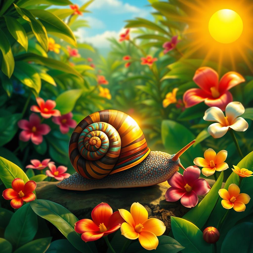 A vibrant and colorful depiction of a caracol (snail) in the lush tropical region of Guacara