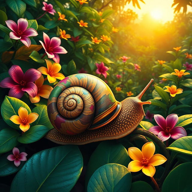 A vibrant and colorful depiction of a caracol (snail) in the lush tropical region of Guacara