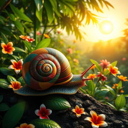 A vibrant and colorful depiction of a caracol (snail) in the lush tropical region of Guacara