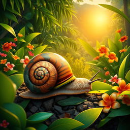 A vibrant and colorful depiction of a caracol (snail) in the lush tropical region of Guacara