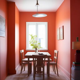 A 10ft x 10ft Airbnb room with a welcoming wall colour, including a small dining table and chairs for four people