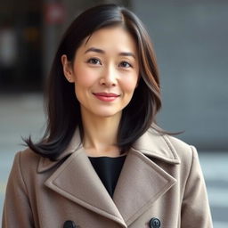 A 45-year-old woman with a flirtatious look, pale skin, and black hair, featuring an ordinary face without makeup, embodying Japanese appearance