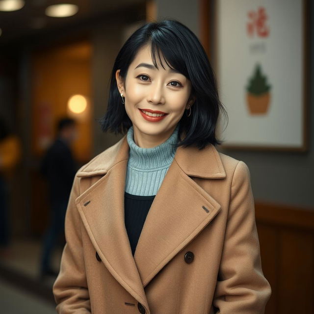 A 45-year-old woman with a flirtatious look, pale skin, and black hair, featuring an ordinary face without makeup, embodying Japanese appearance