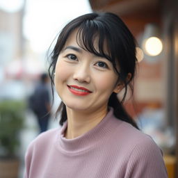 A 45-year-old woman with a flirtatious look, pale skin, and black hair, featuring an ordinary face without makeup, embodying Japanese appearance