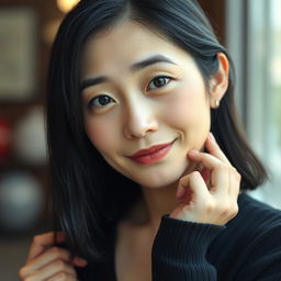 A 45-year-old woman with a flirtatious look, pale skin, and black hair, featuring an ordinary face without makeup, embodying Japanese appearance