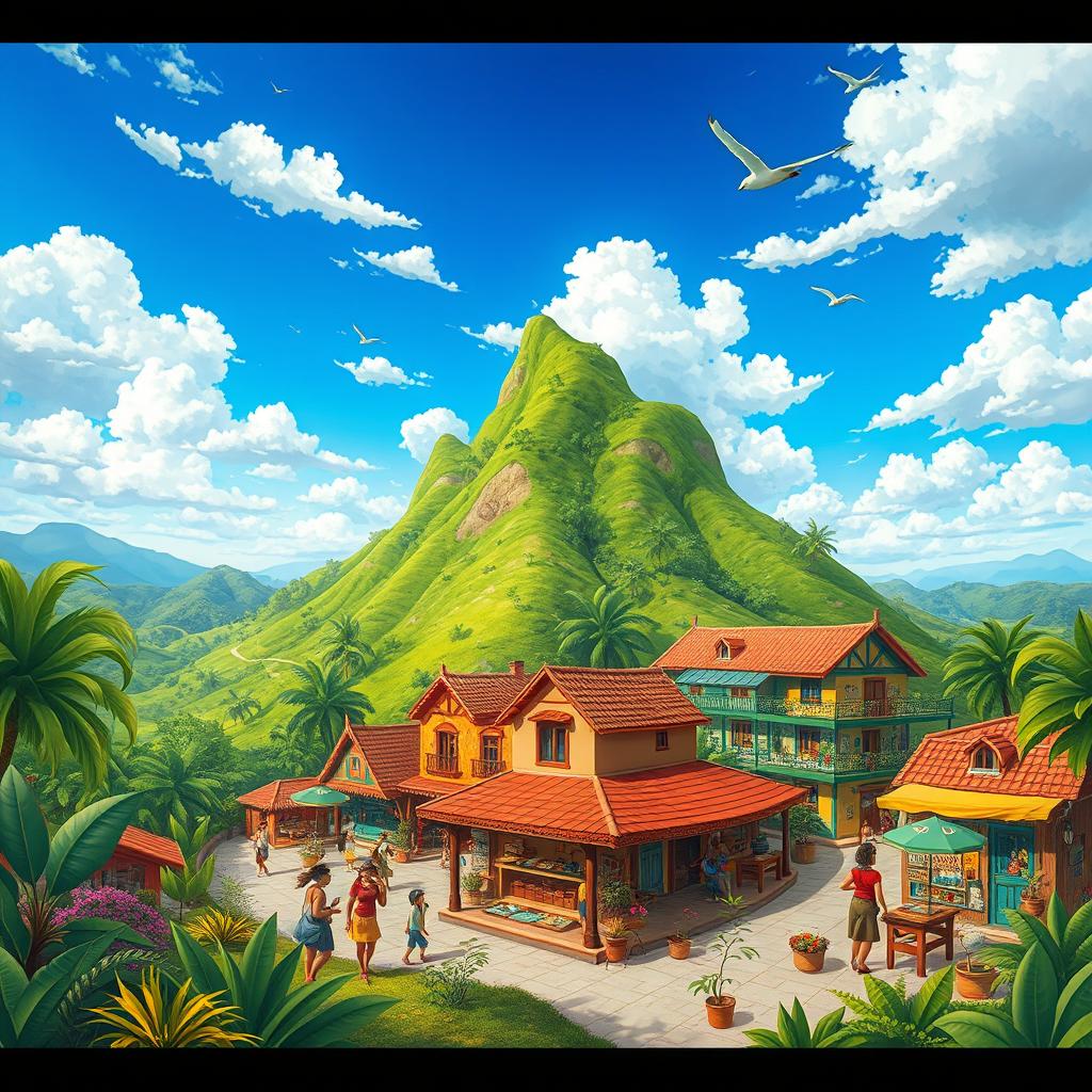 A vibrant and lively depiction of Caracol Guacara, showcasing its stunning landscapes, unique architecture, and bustling local life