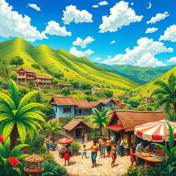 A vibrant and lively depiction of Caracol Guacara, showcasing its stunning landscapes, unique architecture, and bustling local life