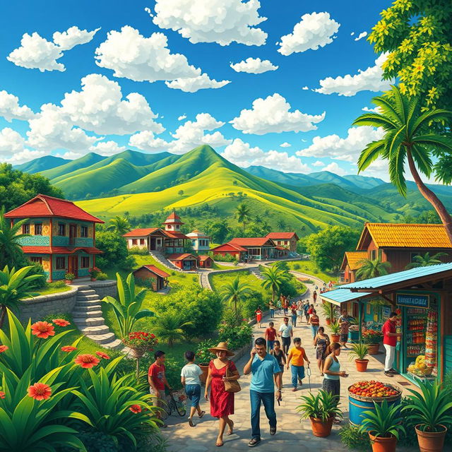 A vibrant and lively depiction of Caracol Guacara, showcasing its stunning landscapes, unique architecture, and bustling local life