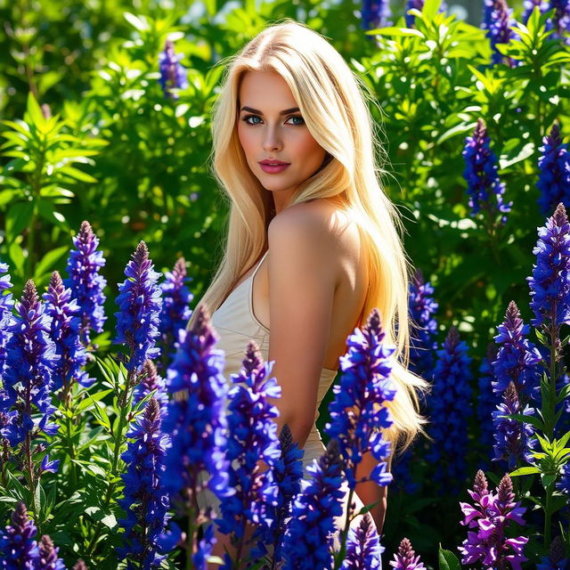 A beautiful, sexy blonde woman surrounded by vivid, lush salvia plants in a sunlit garden setting