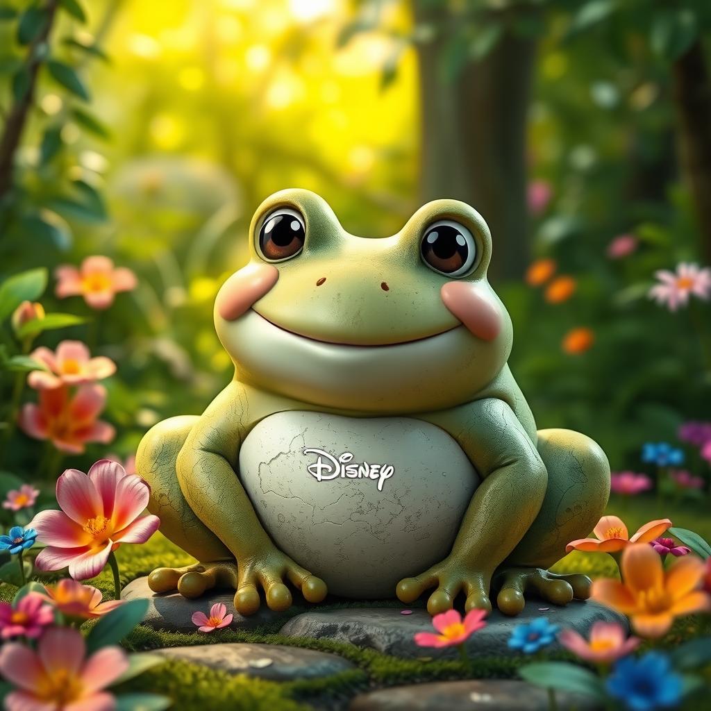 A Disney-style stone frog, depicted as a whimsical character with a friendly smile, large expressive eyes, and detailed textures that resemble polished stone