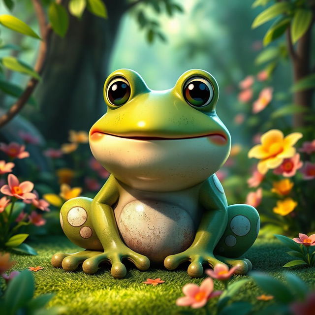 A Disney-style stone frog, depicted as a whimsical character with a friendly smile, large expressive eyes, and detailed textures that resemble polished stone