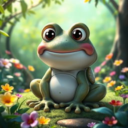 A Disney-style stone frog, depicted as a whimsical character with a friendly smile, large expressive eyes, and detailed textures that resemble polished stone