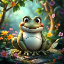 A Disney-style stone frog, depicted as a whimsical character with a friendly smile, large expressive eyes, and detailed textures that resemble polished stone
