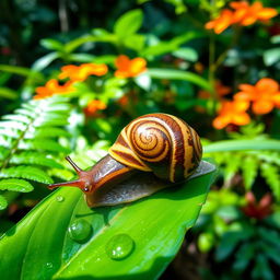 A vibrant and colorful caracol (snail) on a lush green leaf in a tropical rainforest