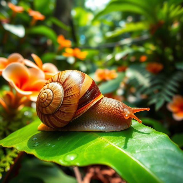 A vibrant and colorful caracol (snail) on a lush green leaf in a tropical rainforest