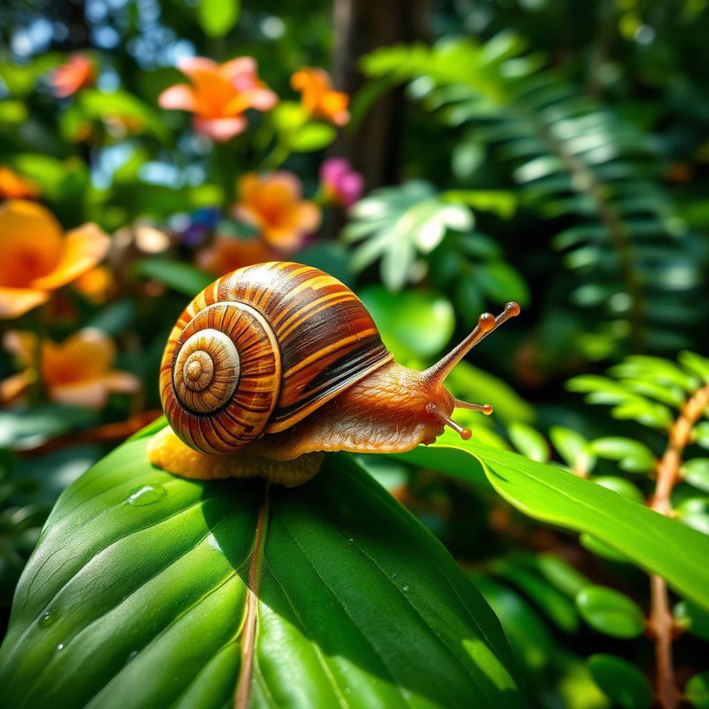 A vibrant and colorful caracol (snail) on a lush green leaf in a tropical rainforest