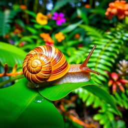 A vibrant and colorful caracol (snail) on a lush green leaf in a tropical rainforest
